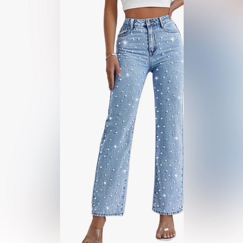 Ezapine brand Women's Blue Polka Dot pearl Jeans
Straight legs size medium